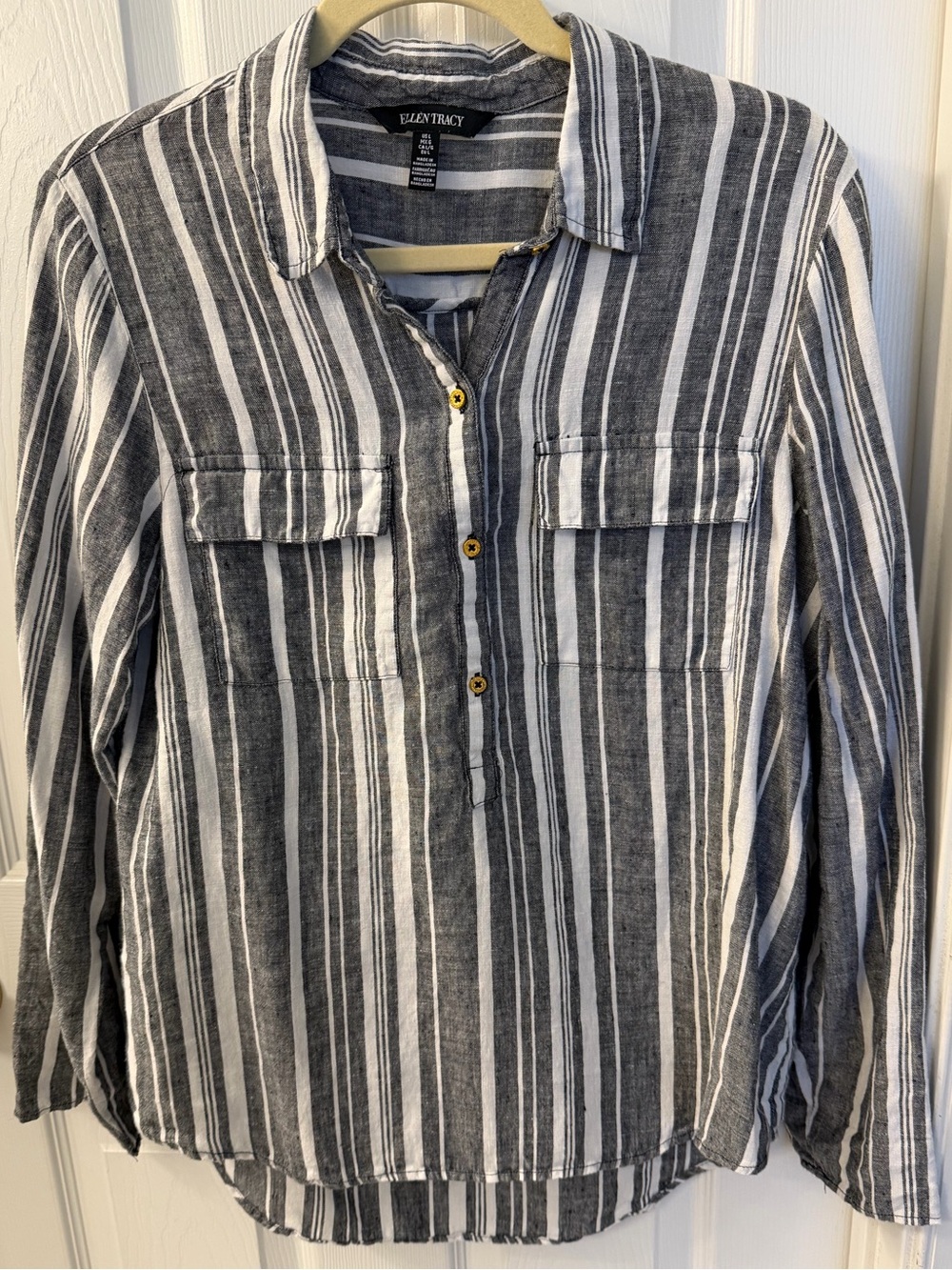 Ellen Tracy Striped Linen Tunic Top w/Roll Tab Cuffs Sz Lg